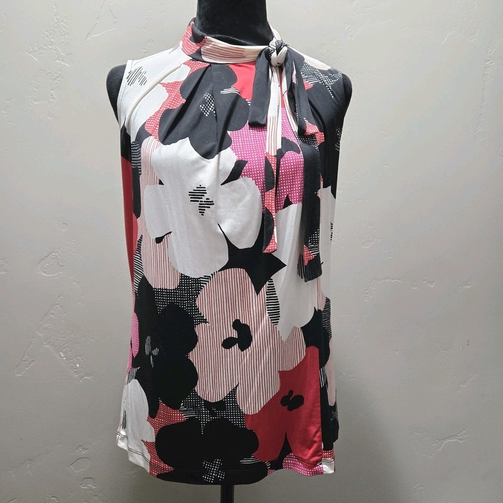 Worthington Pink Floral Y2K Sleeveless Top Woman's Sz M‎ Black Elegant Blouse